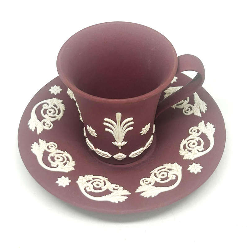 Rare Wedgwood Wine Crimson Red Jasper Ware Demitasse Duo