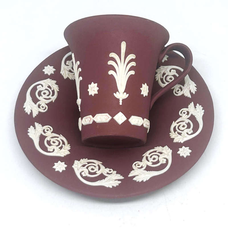 Rare Wedgwood Wine Crimson Red Jasper Ware Demitasse Duo