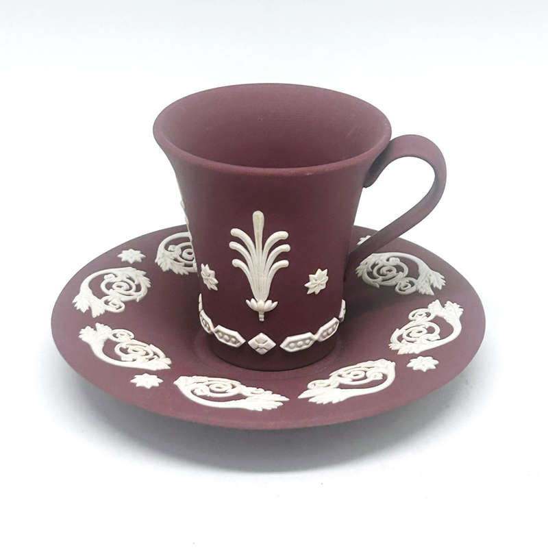 Rare Wedgwood Wine Crimson Red Jasper Ware Demitasse Duo