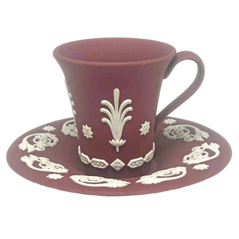 Rare Wedgwood Wine Crimson Red Jasper Ware Demitasse Duo
