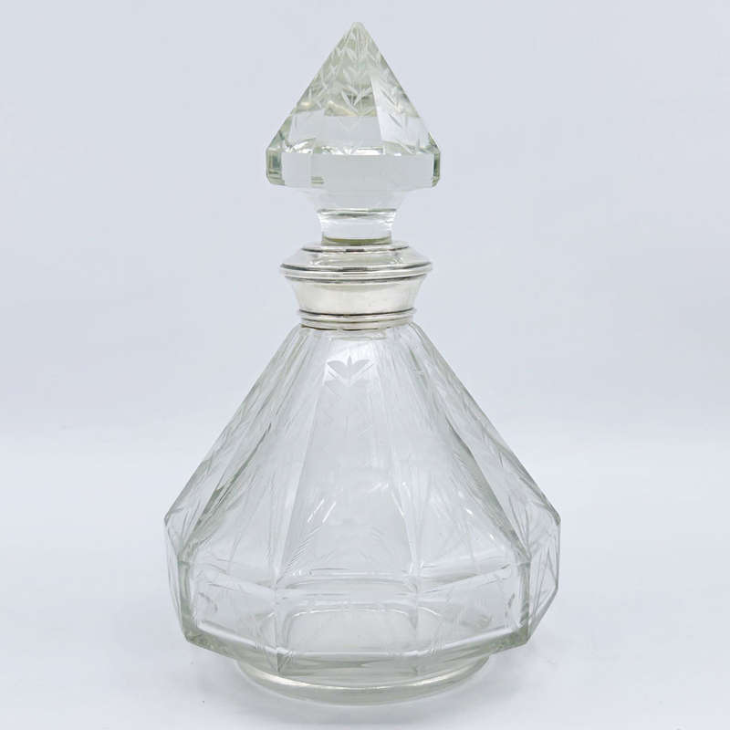 Victorian Etched Crystal Decanter Sterling Silver Collar