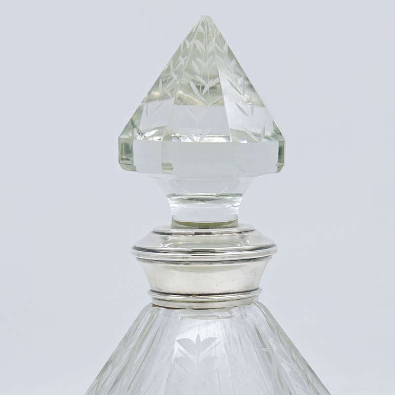 Victorian Etched Crystal Decanter Sterling Silver Collar