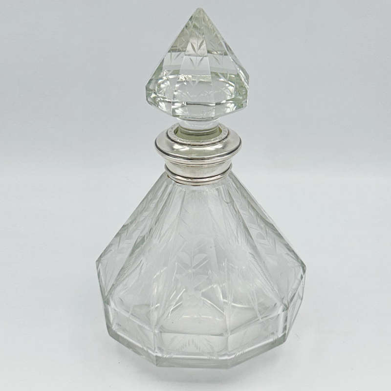 Victorian Etched Crystal Decanter Sterling Silver Collar