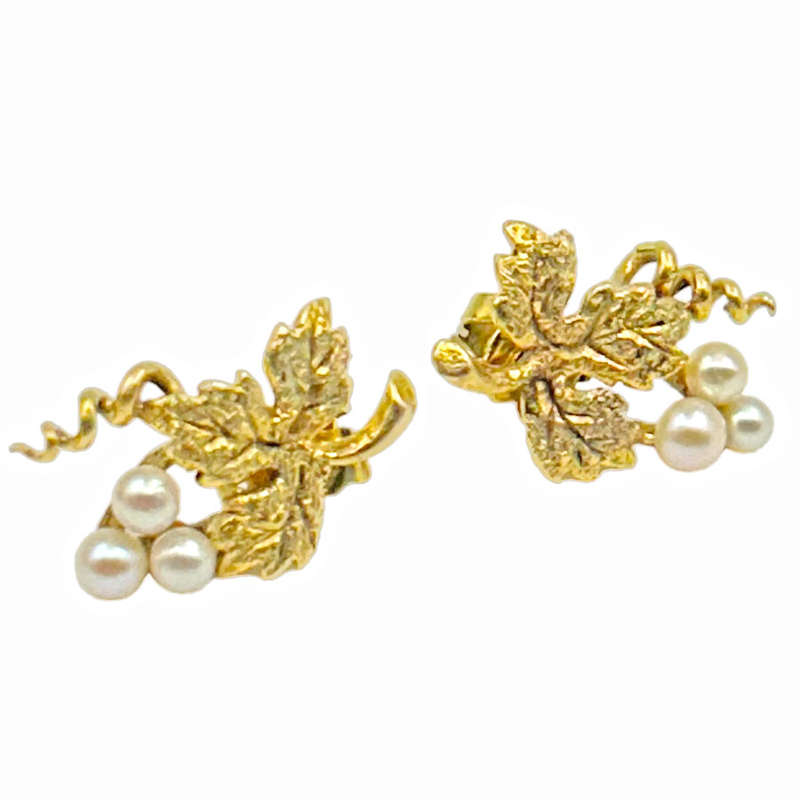 9Ct Gold Pair Pearl Grape Leaf Earrings