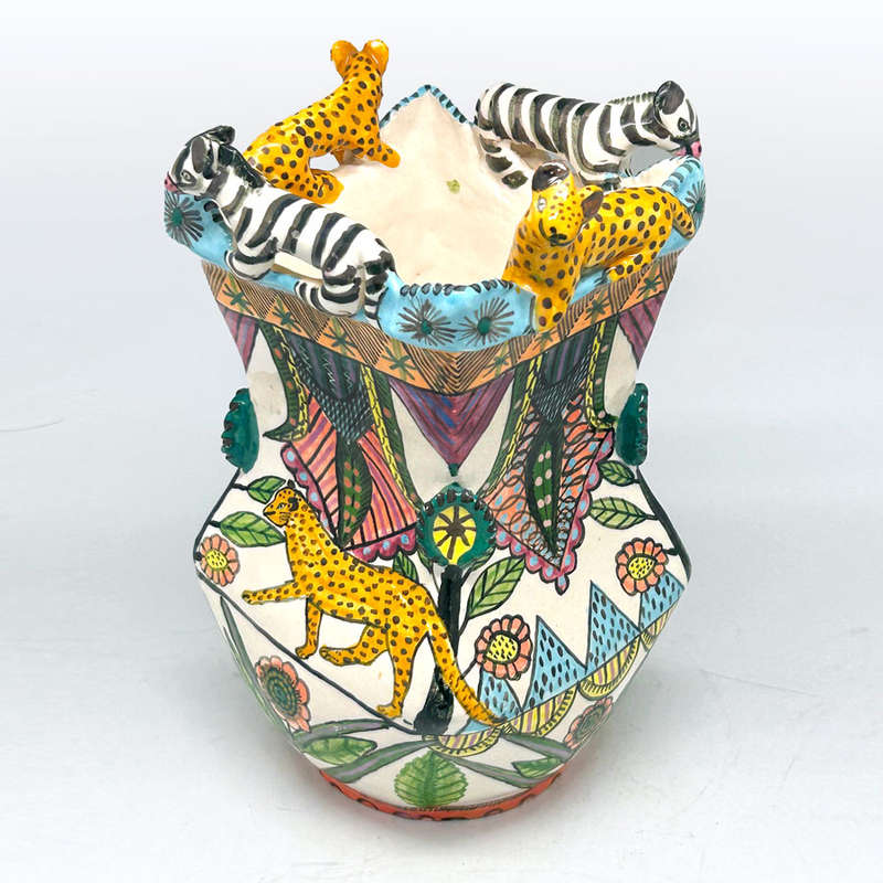 Ardmore Hand Painted Cheetah and Zebra Vase Vusi 1994