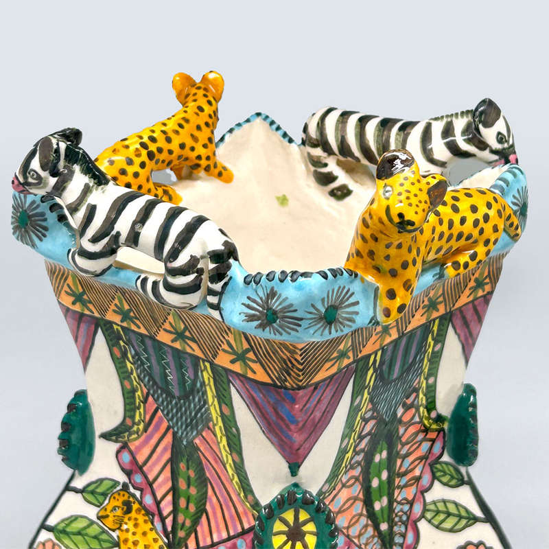 Ardmore Hand Painted Cheetah and Zebra Vase Vusi 1994