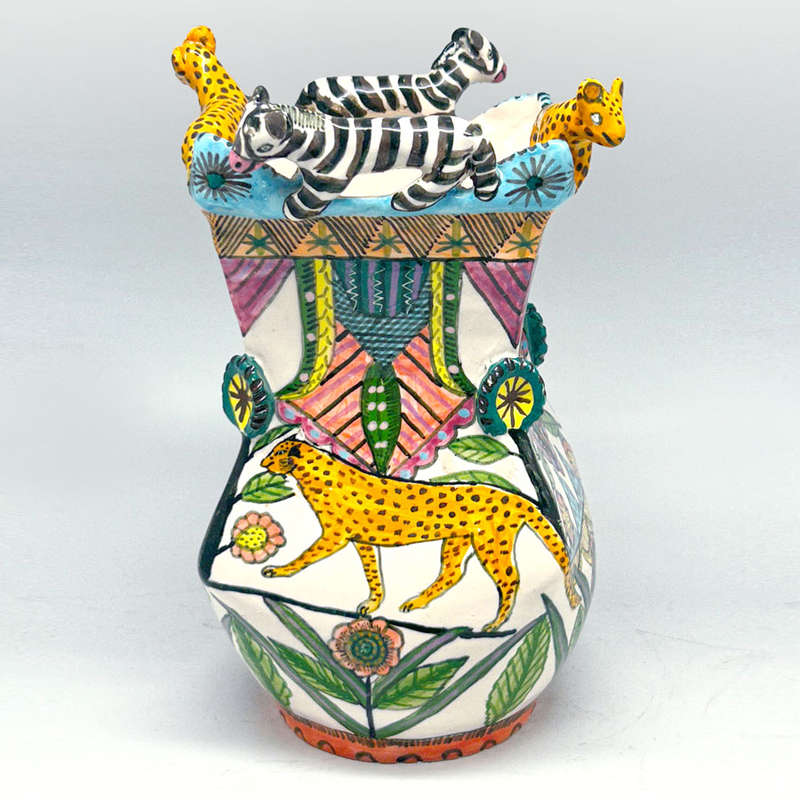 Ardmore Hand Painted Cheetah and Zebra Vase Vusi 1994