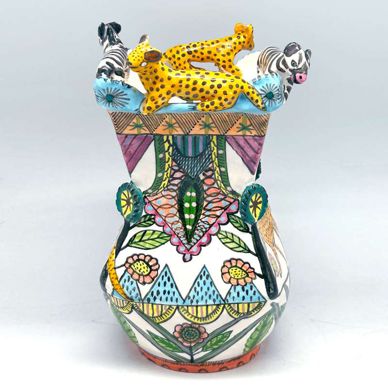 Ardmore Hand Painted Cheetah and Zebra Vase Vusi 1994