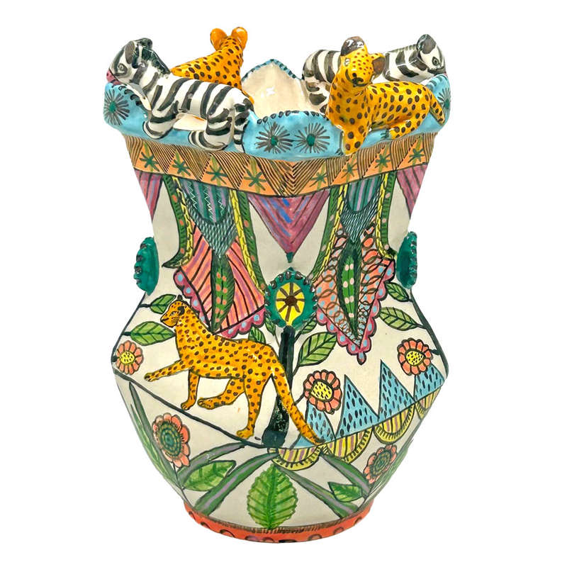 Ardmore Hand Painted Cheetah and Zebra Vase Vusi 1994