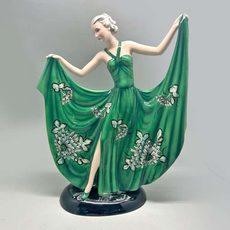 Art Deco Goldscheider Stefan Dakon Pottery Dancing Lady Green Floral C1939
