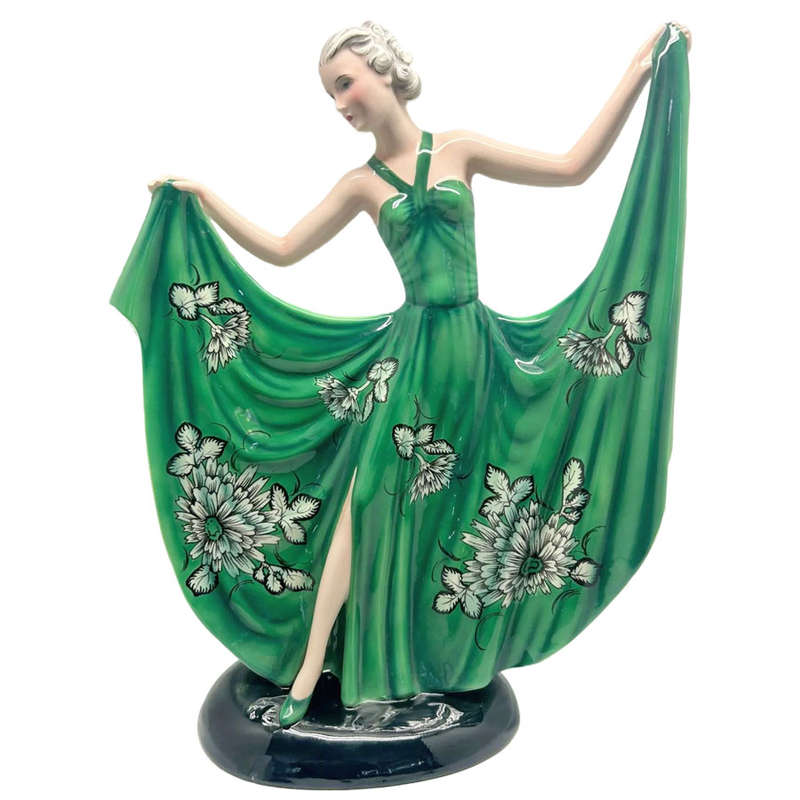 Art Deco Goldscheider Stefan Dakon Pottery Dancing Lady Green Floral C1939