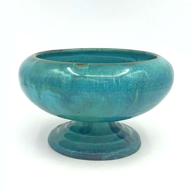 Linnware Blue Green Glazed Pottery Pedestal Vase