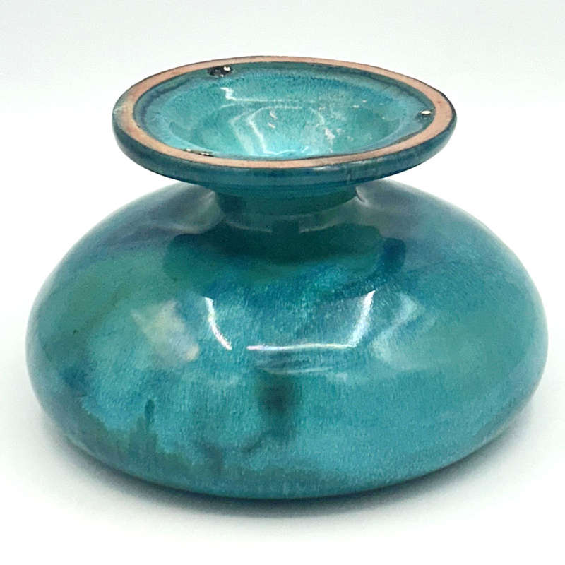 Linnware Blue Green Glazed Pottery Pedestal Vase