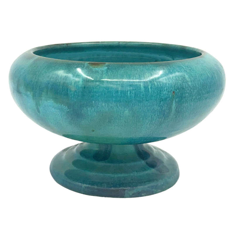 Linnware Blue Green Glazed Pottery Pedestal Vase