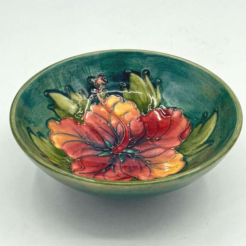 Moorcroft Hibiscus Footed Bowl  On Green Ground C1969