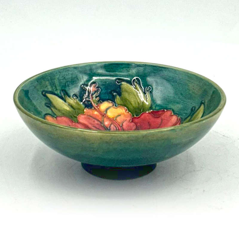 Moorcroft Hibiscus Footed Bowl  On Green Ground C1969