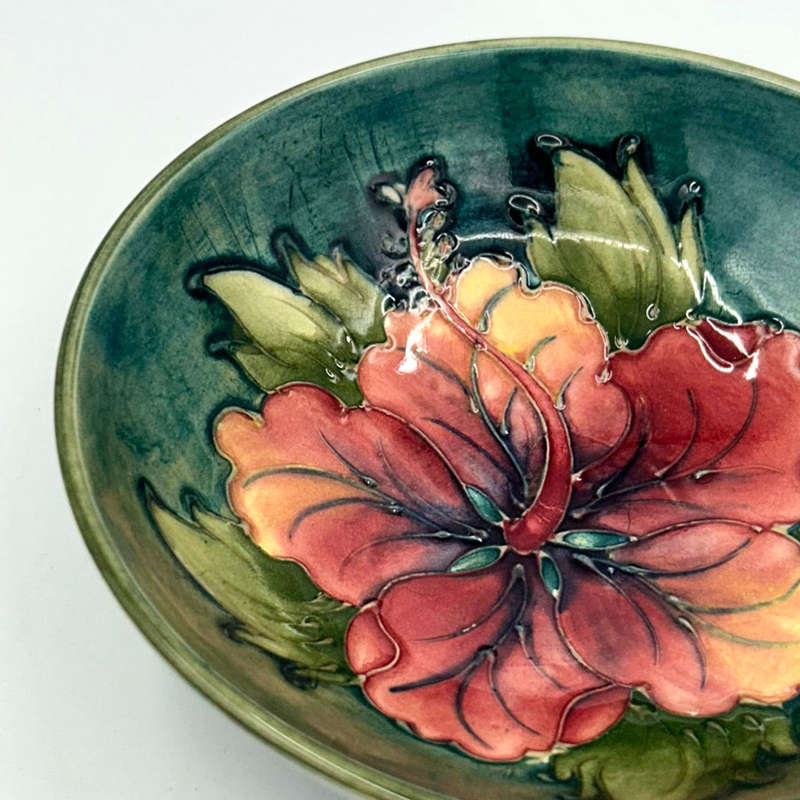 Moorcroft Hibiscus Footed Bowl  On Green Ground C1969