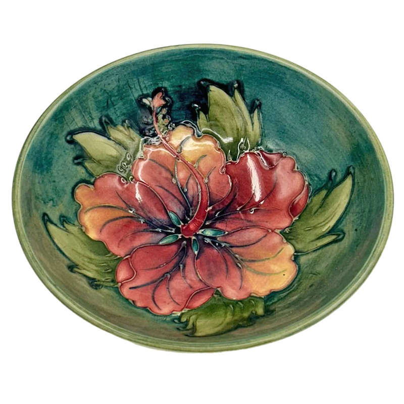 Moorcroft Hibiscus Footed Bowl  On Green Ground C1969