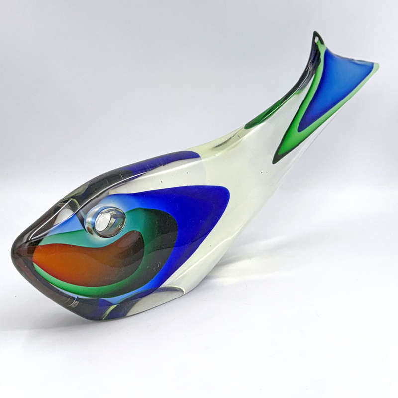 Murano Large Fish Clear Glass With Blue and Green 20th