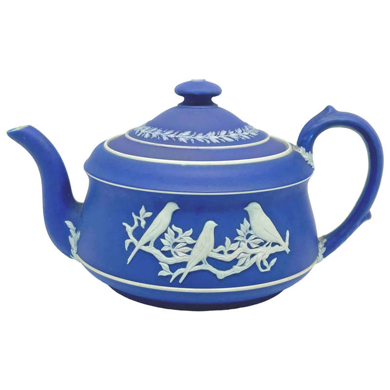 Wedgwood Cobalt Blue Jasper Ware Bird Scene  Tea Pot 1912