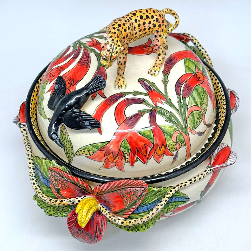 Ardmore Hand Painted Cheetah and Black Bird Toureen and Cover Lovemore  2010