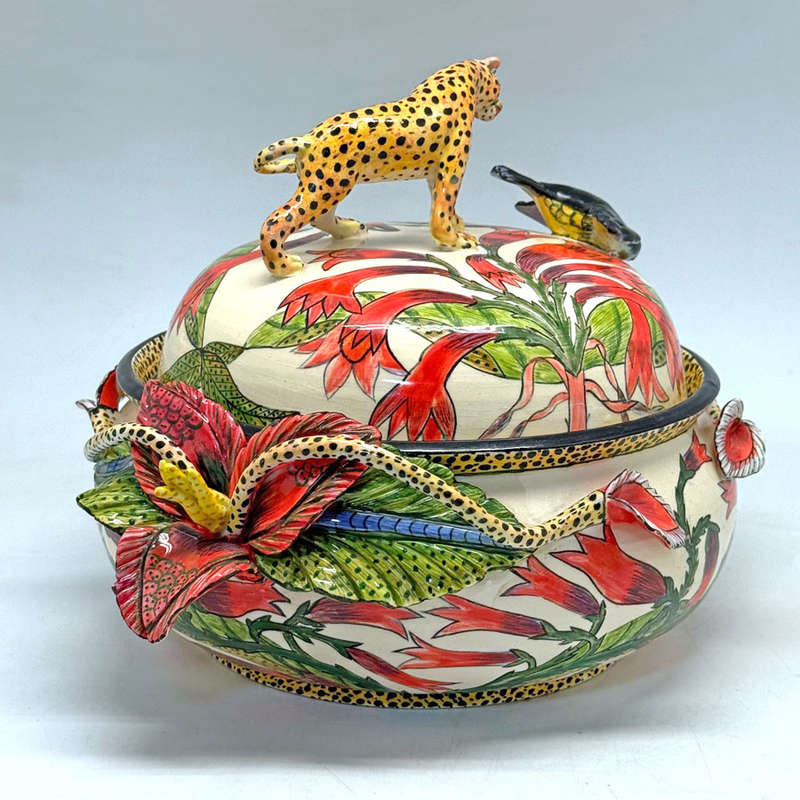 Ardmore Hand Painted Cheetah and Black Bird Toureen and Cover Lovemore  2010