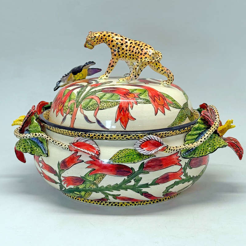 Ardmore Hand Painted Cheetah and Black Bird Toureen and Cover Lovemore  2010