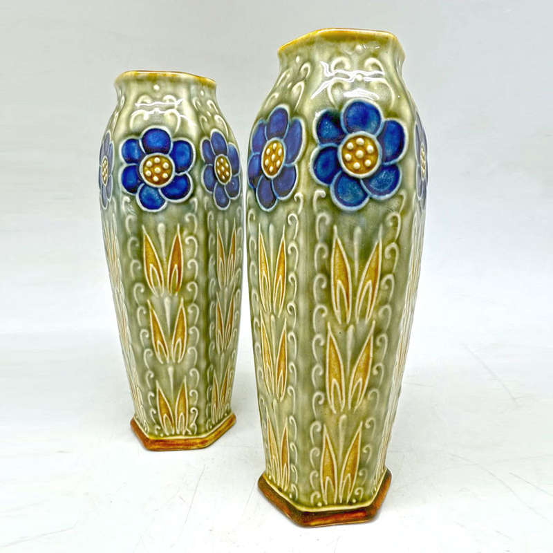 Royal Doulton Lambeth England Stoneware Pair Stylised Flowers Vases C1930