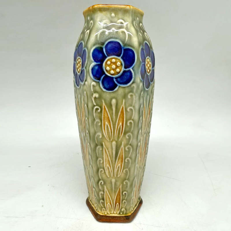 Royal Doulton Lambeth England Stoneware Pair Stylised Flowers Vases C1930