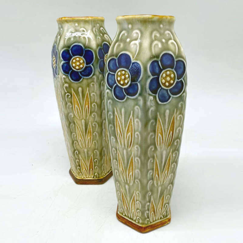 Royal Doulton Lambeth England Stoneware Pair Stylised Flowers Vases C1930