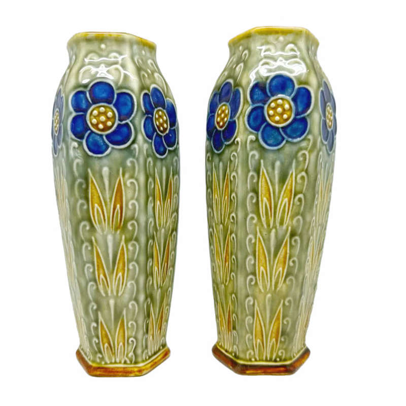 Royal Doulton Lambeth England Stoneware Pair Stylised Flowers Vases C1930