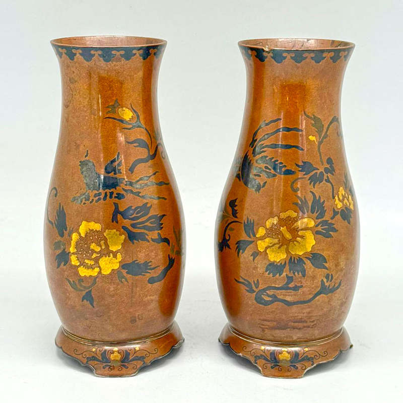 Pair Chinese Bronze Vases With Gold and Silver Overlay 19th
