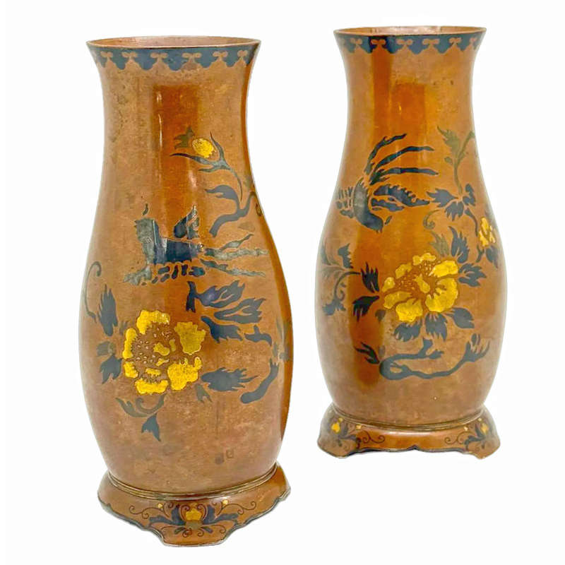 Pair Chinese Bronze Vases With Gold and Silver Overlay 19th