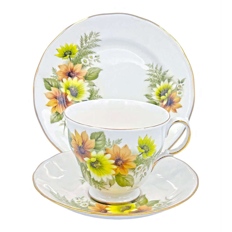 Royal Vale Floral Orange Green Daisy Tea Trio 8622