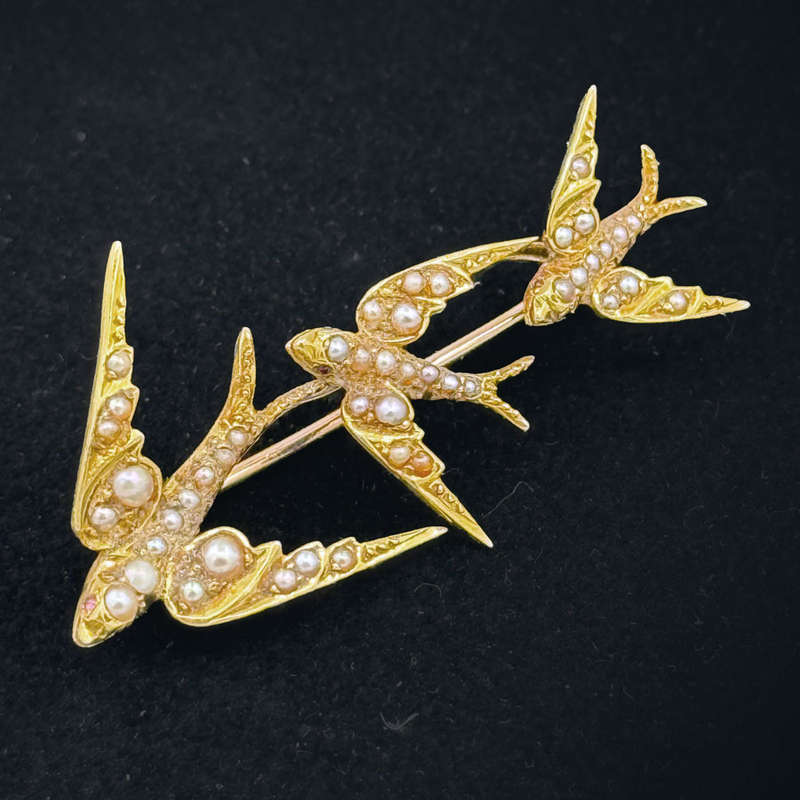 18ct Gold and Seed Pearl Victorian Swallow Brooch