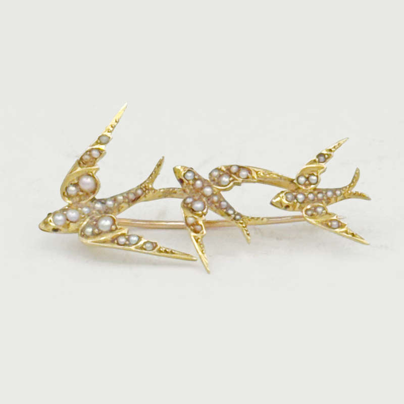 18ct Gold and Seed Pearl Victorian Swallow Brooch