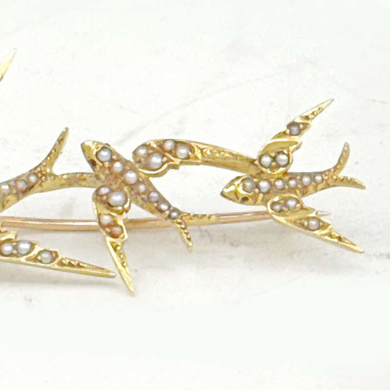 18ct Gold and Seed Pearl Victorian Swallow Brooch
