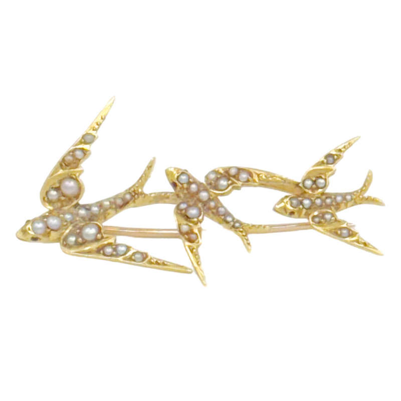 18ct Gold and Seed Pearl Victorian Swallow Brooch