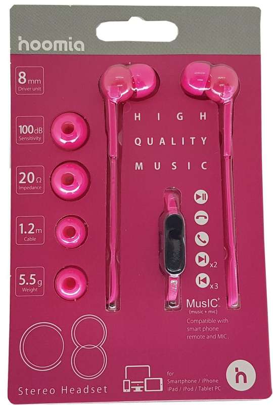 STEREO EARPHONE + MIC HOT PINK 1.2M