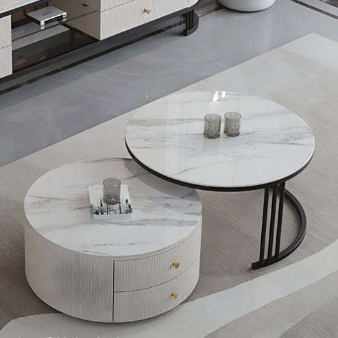Modern Nesting Round Glass Top Coffee Table with Marble Top 2 Drawer Table