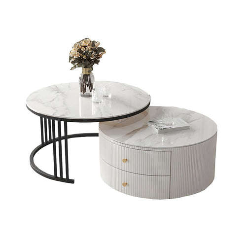 Modern Nesting Round Glass Top Coffee Table with Marble Top 2 Drawer Table