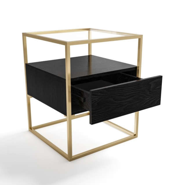 Black Side Table with Glass Top and Storage Drawers - Akila