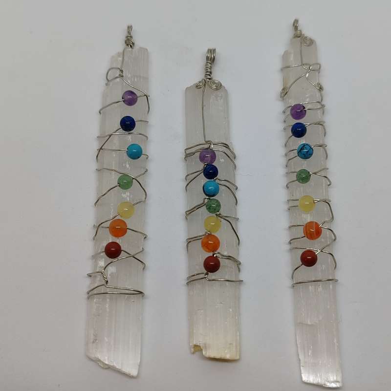 Selenite and Chakra Gemstone wrapped Pendant