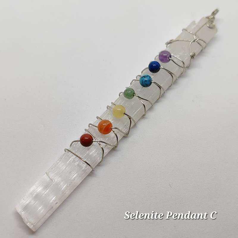 Selenite and Chakra Gemstone wrapped Pendant