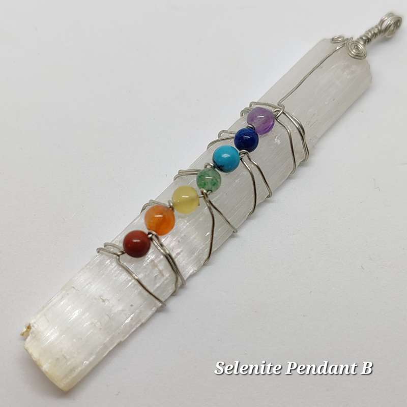 Selenite and Chakra Gemstone wrapped Pendant