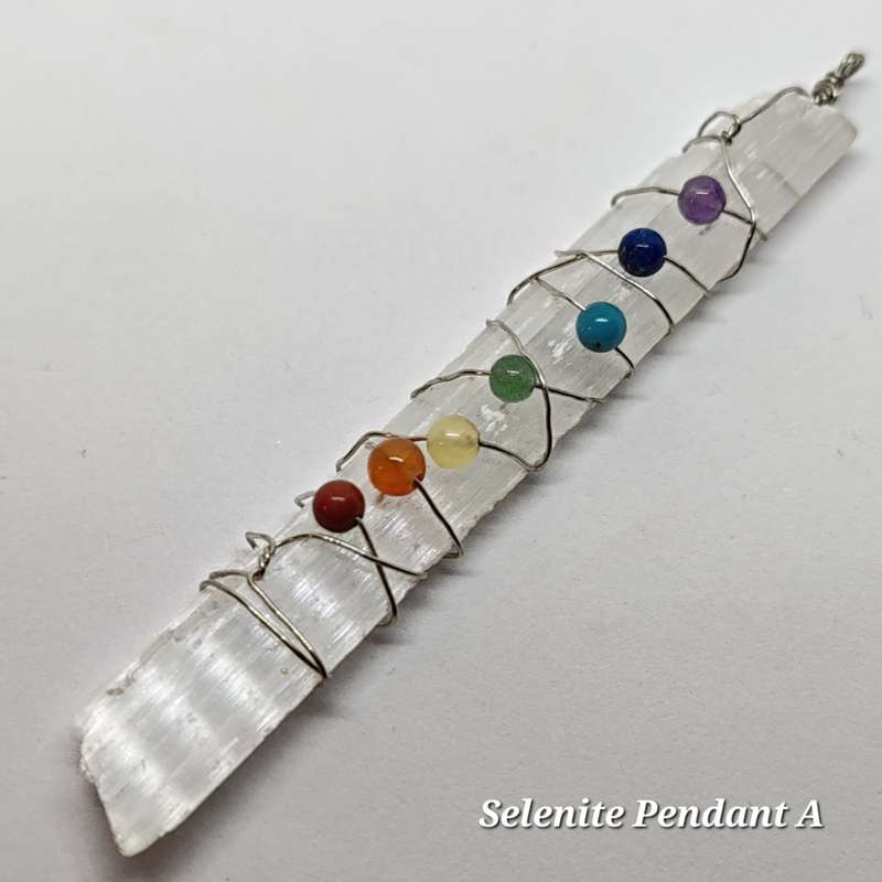 Selenite and Chakra Gemstone wrapped Pendant