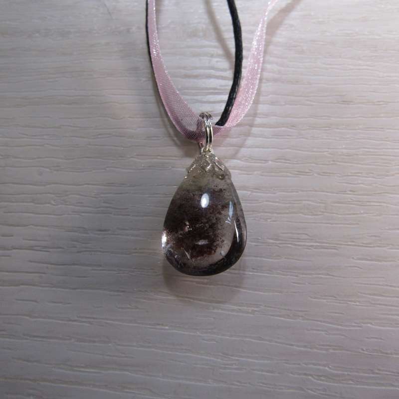 Chlorite Quartz Crystal teardrop Pendant on Ribbon necklace