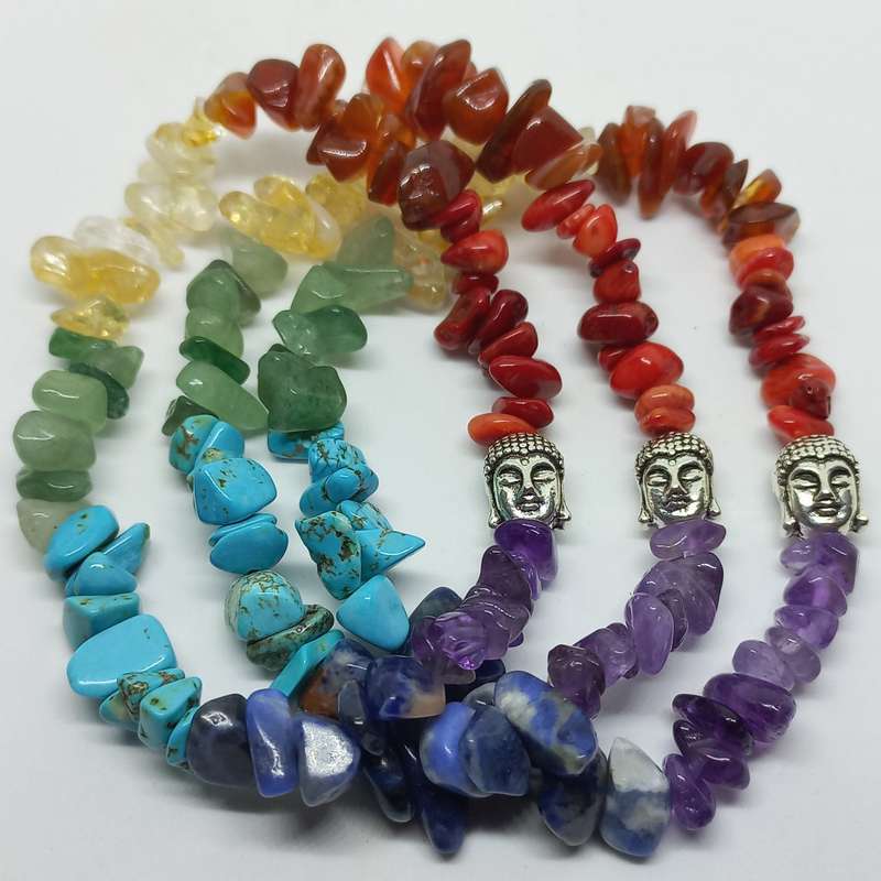 Chunky Chakra Gemstone chip bead Bracelet with Buddha detail