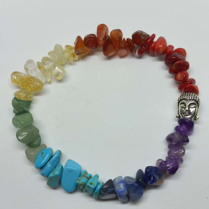 Chunky Chakra Gemstone chip bead Bracelet with Buddha detail