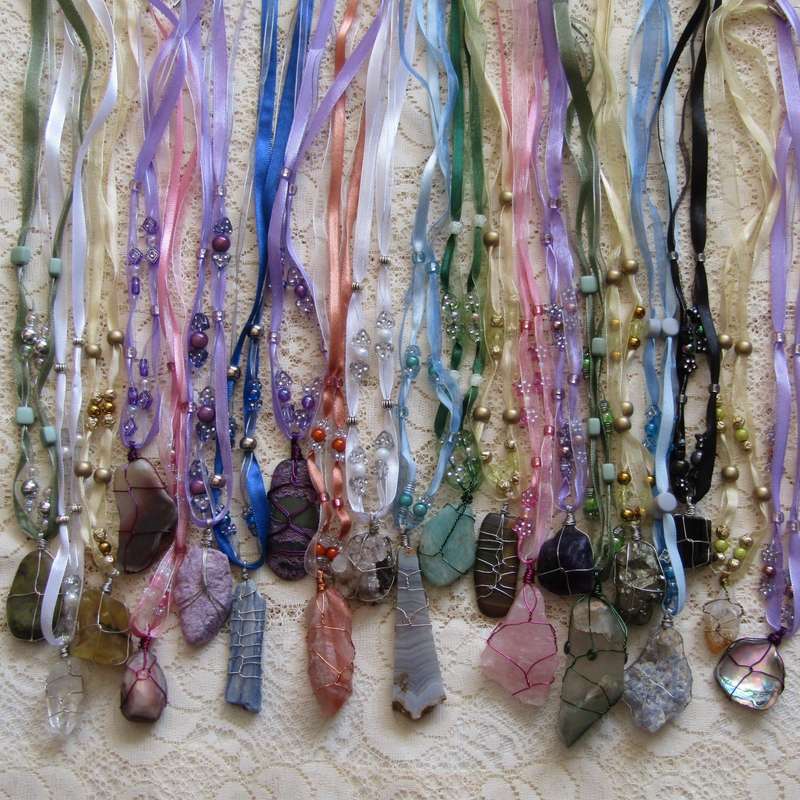 Gemstone Pendants on Ribbon Necklace